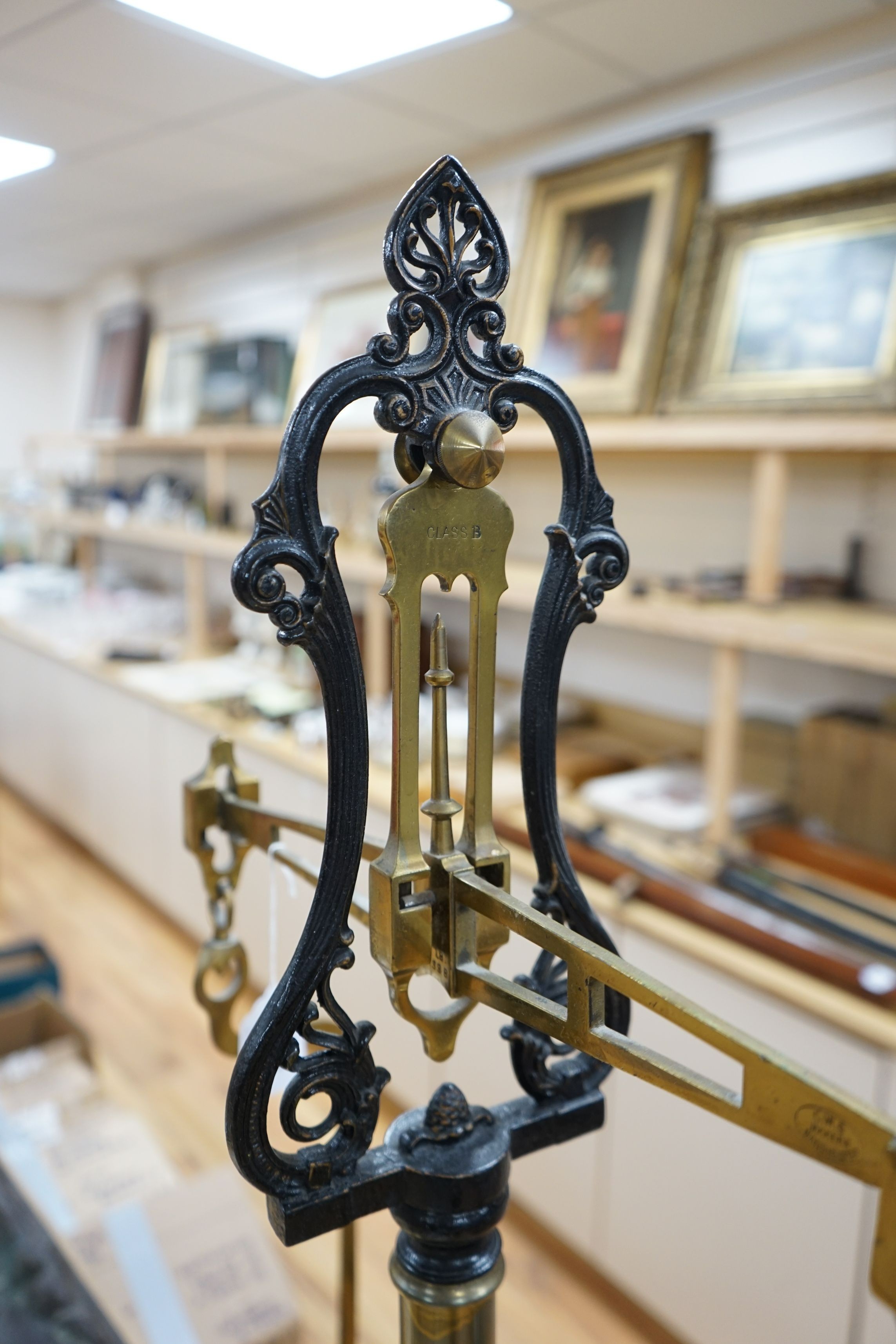 A 19th century set of iron and brass counter scales, 87cms high